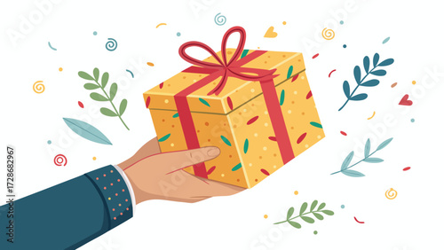 Hand Presents A Colorful Gift Box Tied With Ribbon Surrounded By Foliage