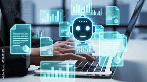 AI agent analyzing data and generating reports. Artificial intelligence and intelligent automation IA technology. Businessman using laptop computer to give instructions to AI at desk in office
