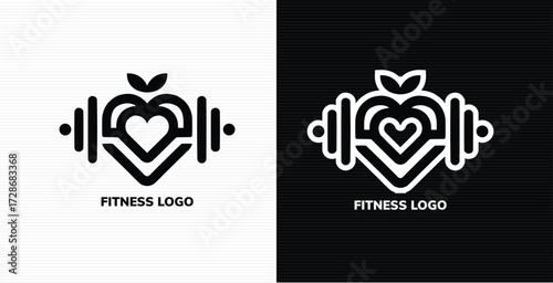 Illustration of fitness heart logo with dumbbells and leaves