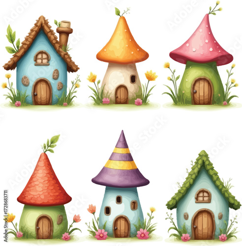 Whimsical enchanted fairy houses gnome village cottage collection for magical storytelling
