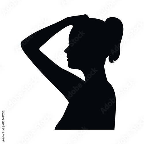 Silhouette of woman putting hair up in ponytail vector graphic design illustration image art