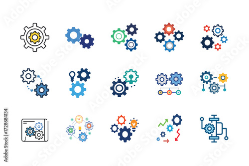 Set of 15 diverse gear and cog technology elements for innovation and mechanical concepts. This bundle includes individual gears, interconnected cog systems, and stylized mechanical diagrams.
