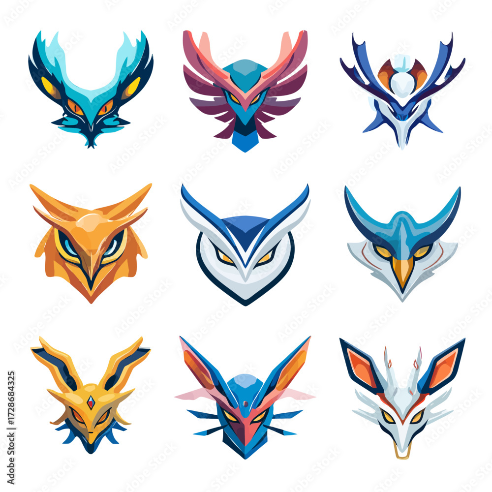 Obraz premium Nine geometric animal head designs, each with unique coloration, shapes, and stylized features