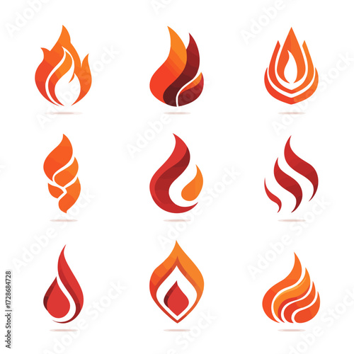 Nine stylized fire icons, various shapes/designs, in shades of orange and red on white