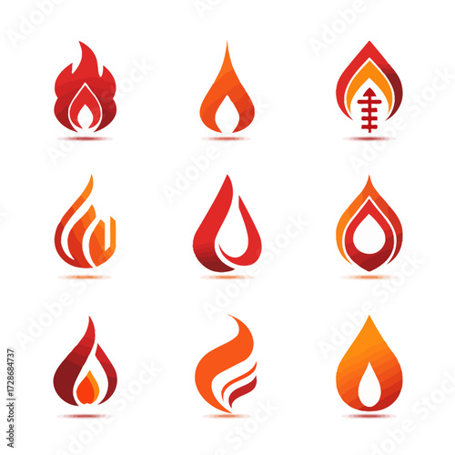 Nine stylized flame designs in varying shapes and colors, featuring red, orange, and yellow hues