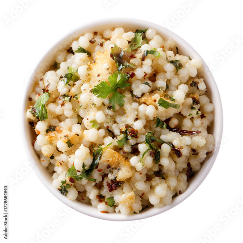 Top view of a delicious looking sabudana khichdi on transparent background