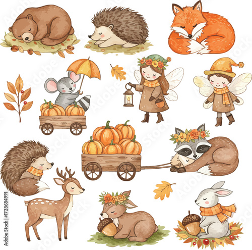 Charming autumn animal illustrations featuring woodland creatures adorable seasonal characters fall vibes