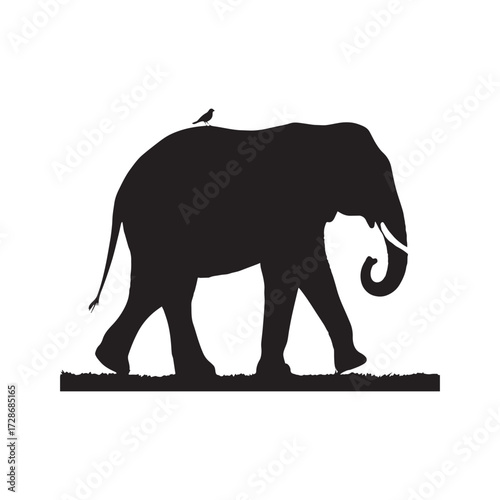 Graceful elephant silhouette with perched bird and gentle grassland details.