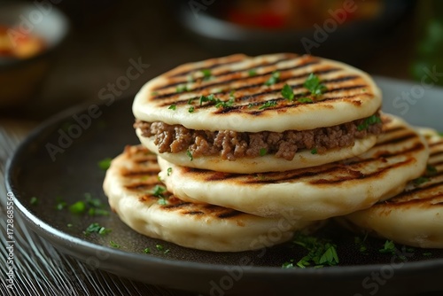 AI image Stacked rou jia mo Chinese burger delicious street food on rustic plate closeup tasty