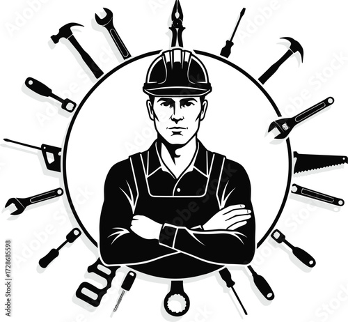Construction worker vector design, handyman silhouette with tools, circular emblem illustration, craftsmanship and labor tribute, black and white graphic