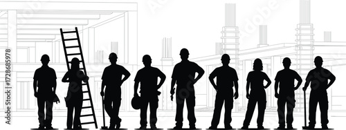 Construction workers silhouette vector, building site teamwork illustration, scaffolding and structural elements graphic, industrial labor tribute artwork