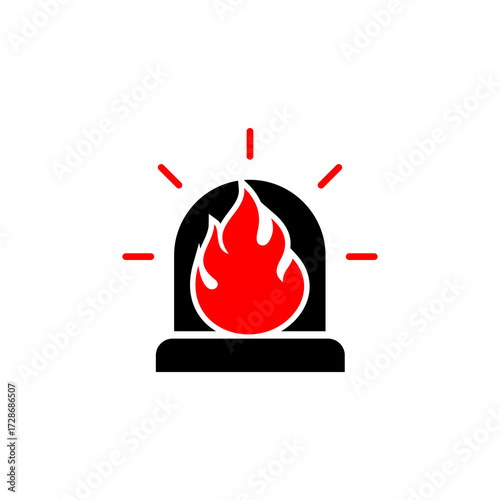 Graphic icon illustration of a black alarm bell with a red flame inside, emitting light rays.