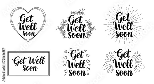 Get Well Soon icon set, vintage style, elegant script