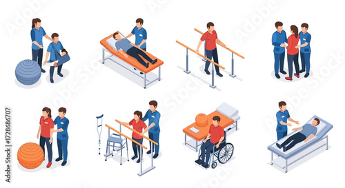 Physical therapy icon set for rehabilitation and healthcare