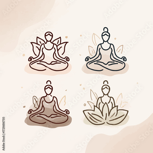 Four minimalist, line-drawn illustrations of figures in lotus position, with floral elements