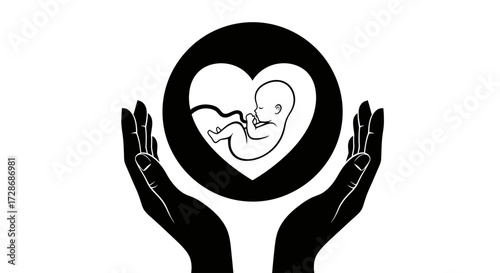 Hands holding heart shaped icon with fetus inside