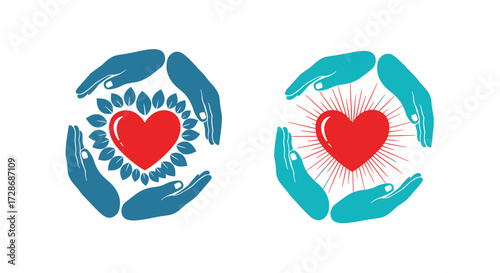 Heart care icon with hands and radiating light