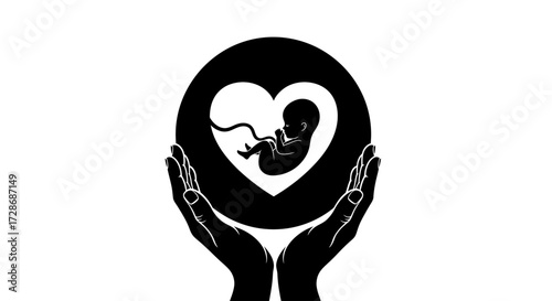 Protection hands cradle a fetus inside a heart shape icon