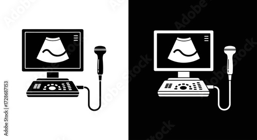 Ultrasound machine icon with transducer illustration on black and white backgrounds