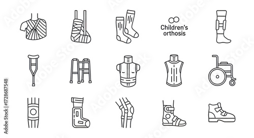 Orthopedic medical equipment icon set for healthcare and support