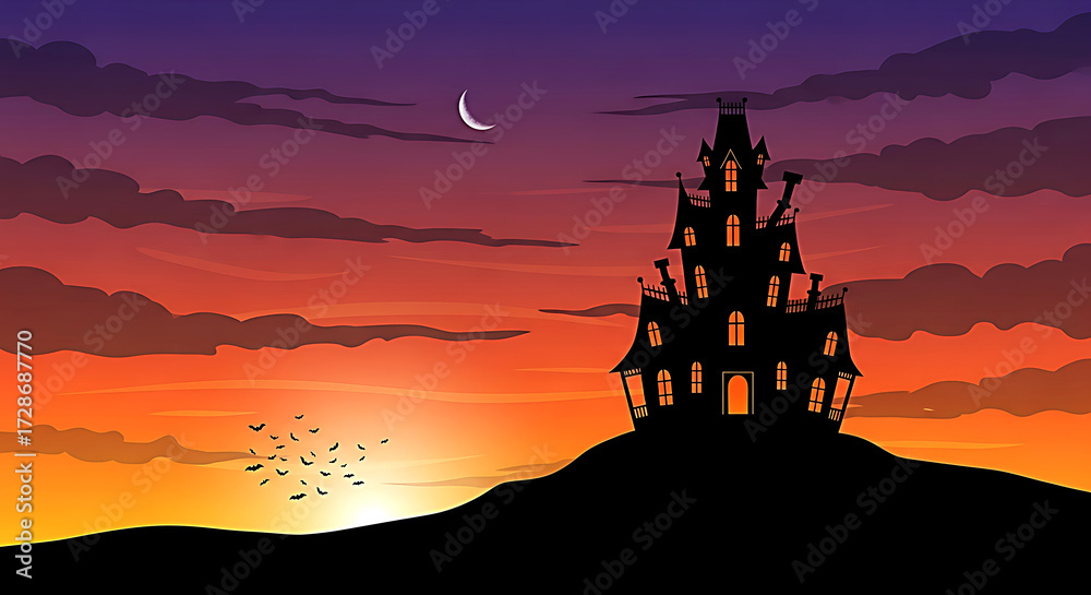 Fototapeta premium Spooky haunted castle silhouette against a dramatic twilight sky with crescent moon