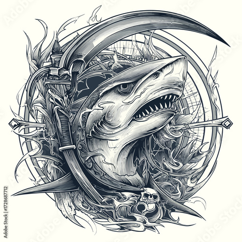 A detailed monochrome illustration of an angry shark, surrounded by ornate weapons and decorative elements