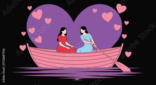 Romantic rowboat couple vector, pink heart-themed illustration, emotional love scene on water, stylized companionship artwork, limited color palette design