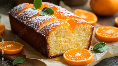 Loaf of delicious tangerine pound cake on parchment