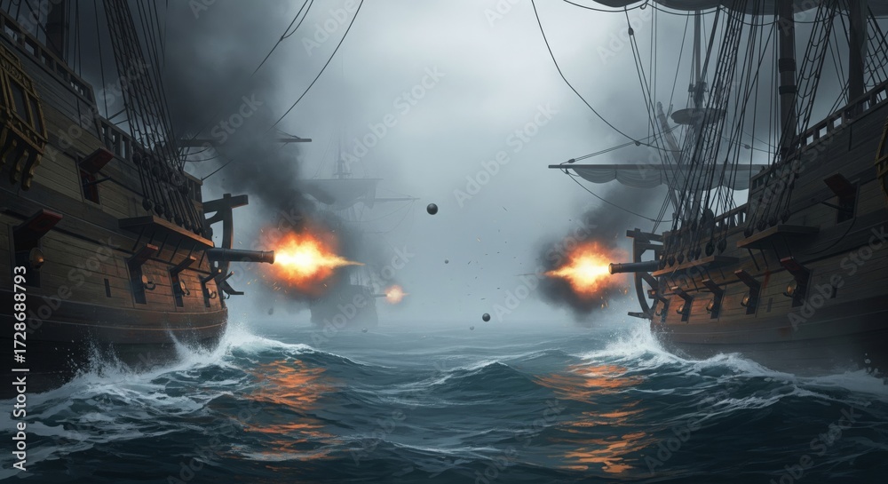 Fototapeta premium Two pirate ships engaged in a fierce naval battle firing cannons at each other on a stormy sea.