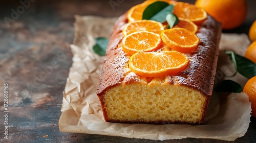 Loaf of delicious tangerine pound cake on parchment
