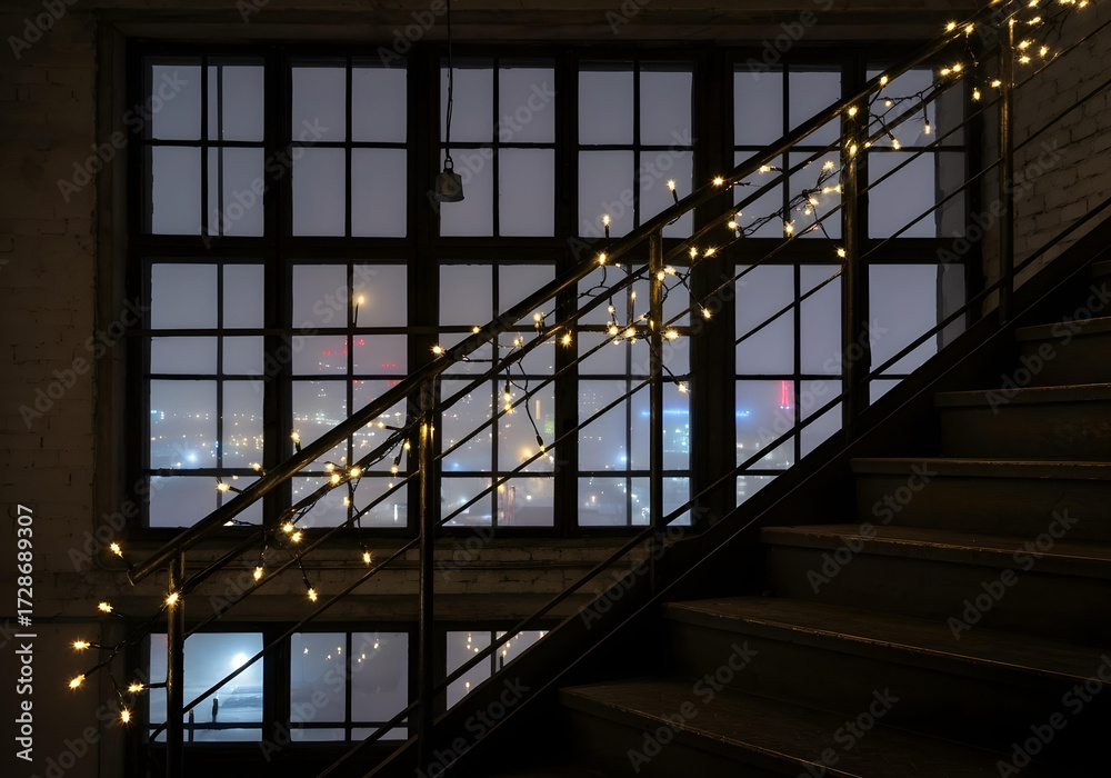 Obraz premium modern interior staircase with string lights leading to large window overlooking city skyline at night