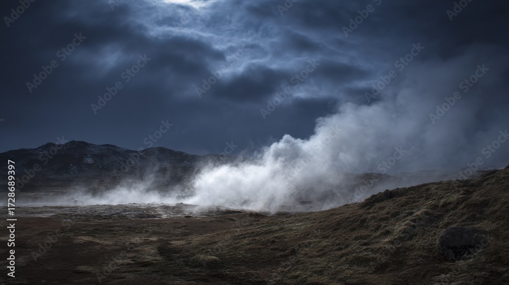 Fototapeta premium Geothermal Landscape with Stormy Clouds