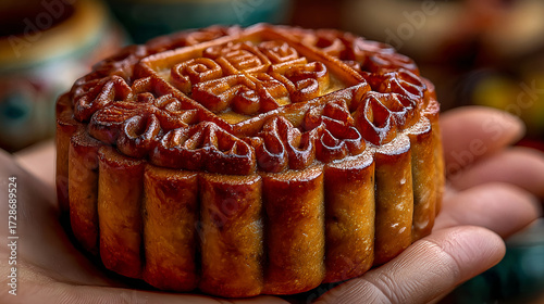 Hand of woman holding a mooncake. Chinese Mid-Autumn Festival concept