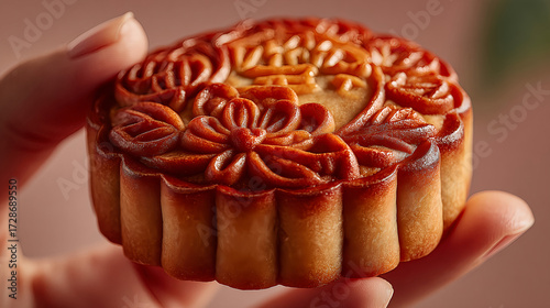 Hand of woman holding a mooncake. Chinese Mid-Autumn Festival concept