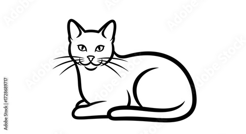 A simple black and white illustration of a cat lying down, facing forward with a calm expression.