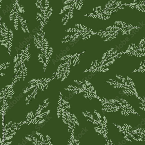 Photography Seamless Pattern of Fir Branches on Green Background