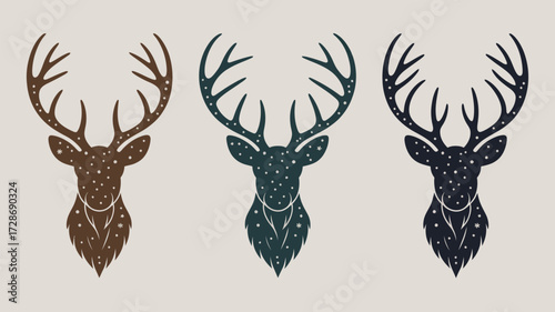 Three stylized deer heads with antlers and star patterns in brown green and dark blue colors art 100