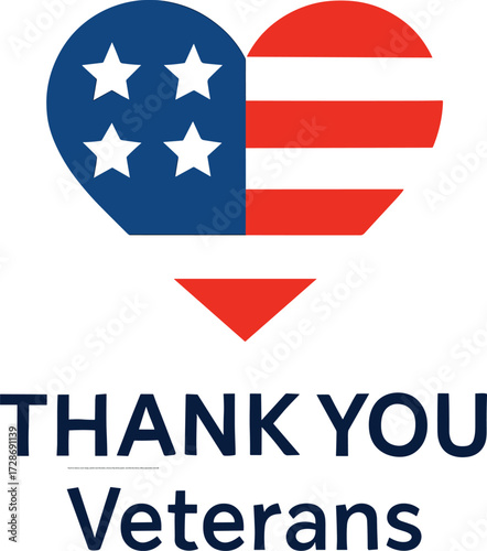 Thank You Veterans vector design, patriotic heart illustration, American flag tribute graphic, red white blue theme, military appreciation artwork
