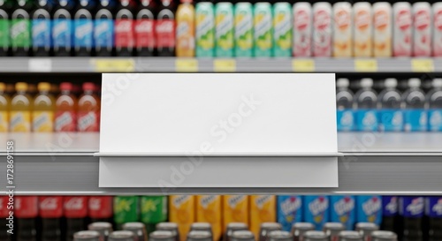 Blank White Shelf Talker Sign Mockup in Grocery Store Aisle.