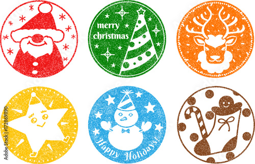 クリスマススタンプセット　カラフルな丸いゴム印アイコン集　かすれたゴム印のデザイン