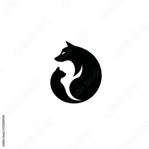 Black silhouette of a dog and cat curled together in a circle on a plain white background