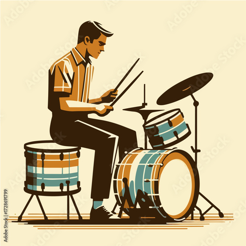 Side-View Drummer Playing Snare & Toms — Retro Musician Illustration (Vector)