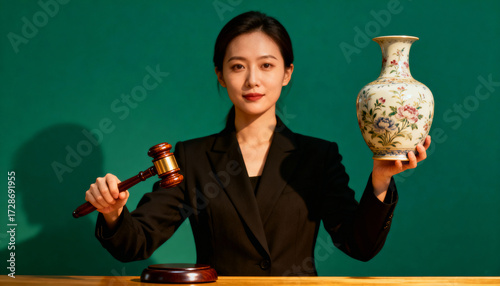 Female auctioneer holding gavel and antique porcelain vase. Art appraisal and sale. Bidding on valuable cultural heritage artifact. Collector's item investment. Final judgment.