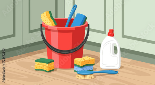 A red bucket filled with cleaning supplies, including sponges, brushes, and a bottle of cleaning liquid, placed on a wooden floor.