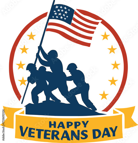 Veterans Day vector illustration, American flag tribute design, military honor graphic, patriotic silhouette art, yellow ribbon banner, national celebration theme