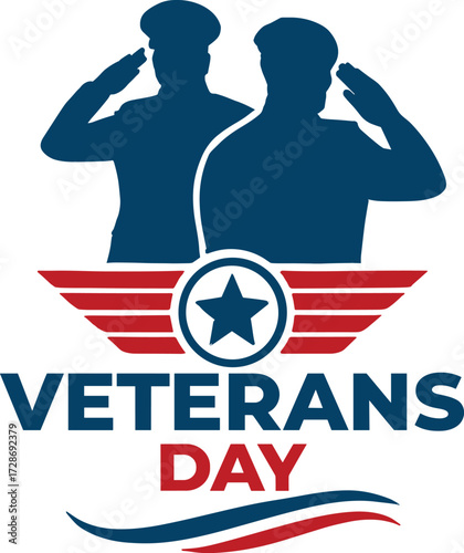 Veterans Day vector design, saluting soldier silhouette graphic, patriotic emblem with wings, American flag wave tribute, military appreciation artwork