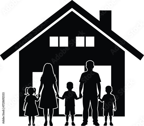 Family silhouette vector, home unity illustration, parents with children, house with chimney, domestic harmony, togetherness concept, black silhouette art, stock design
