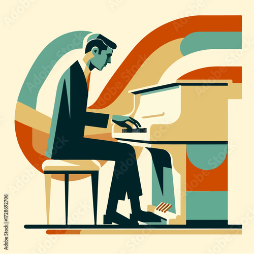 Side-View Pianist with Curved Stripes — Lounge Jazz Poster (Vector)