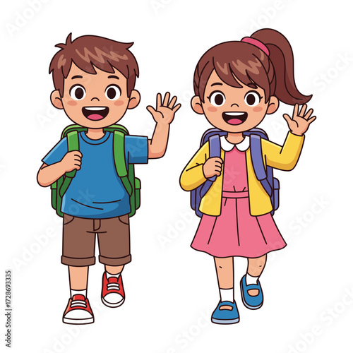 Happy Children Walking to School: High Quality Flat Vector Illustration
