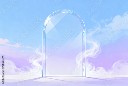 Transparent archway floating above clouds with ethereal mist swirling around it against a pastel sky